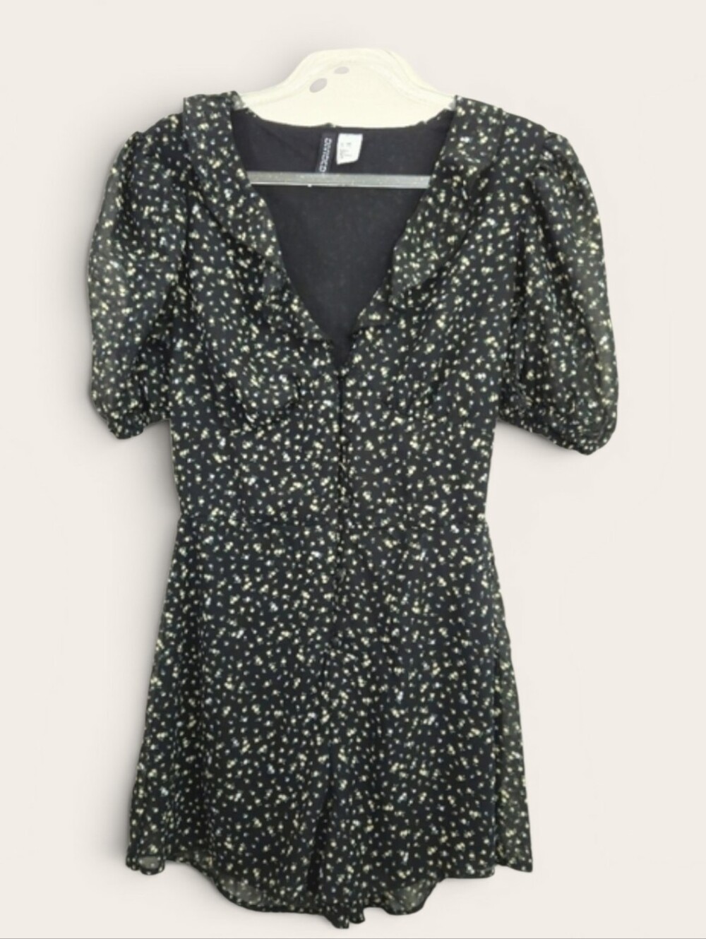 H&M Divided Ditzy Floral Black Short Puff Sleeve Romper Short Ruffle Size XXS